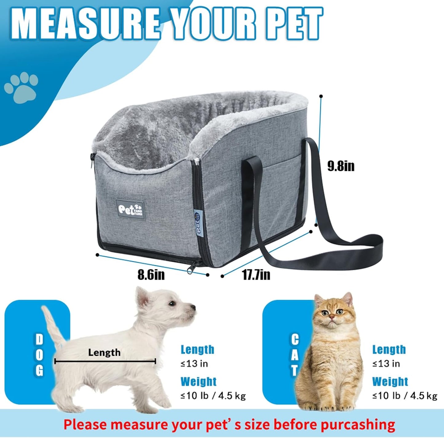 Car Seat Booster for Small Dogs and Cats – Portable Pet Travel Bag Under 30lbs, Washable Car Seat with Safety Belt and Storage Pockets (Grey)