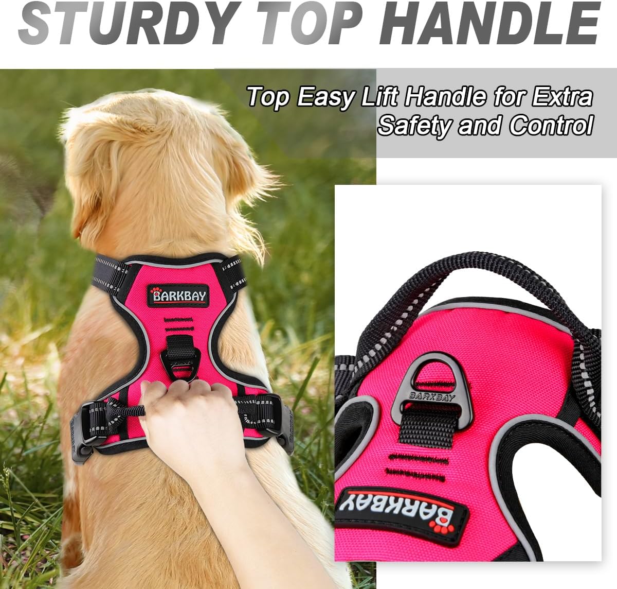 BARKBAY No Pull Dog Harness Front Clip Heavy Duty Reflective Easy Control Handle for Large Dog Walking(Pink,L)