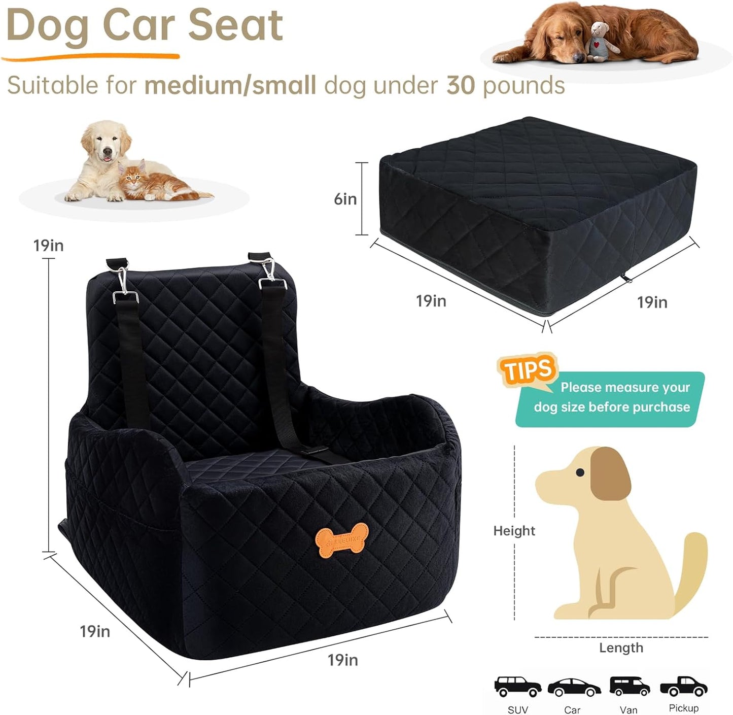 Dog Car Seat for Small Dogs, Dog Booster Seat Filling in Thick Memory Foam with 2 Safety Leashes and Storage Pocket, Suitable for Pet Under 30lb or 2 Puppies (Black)