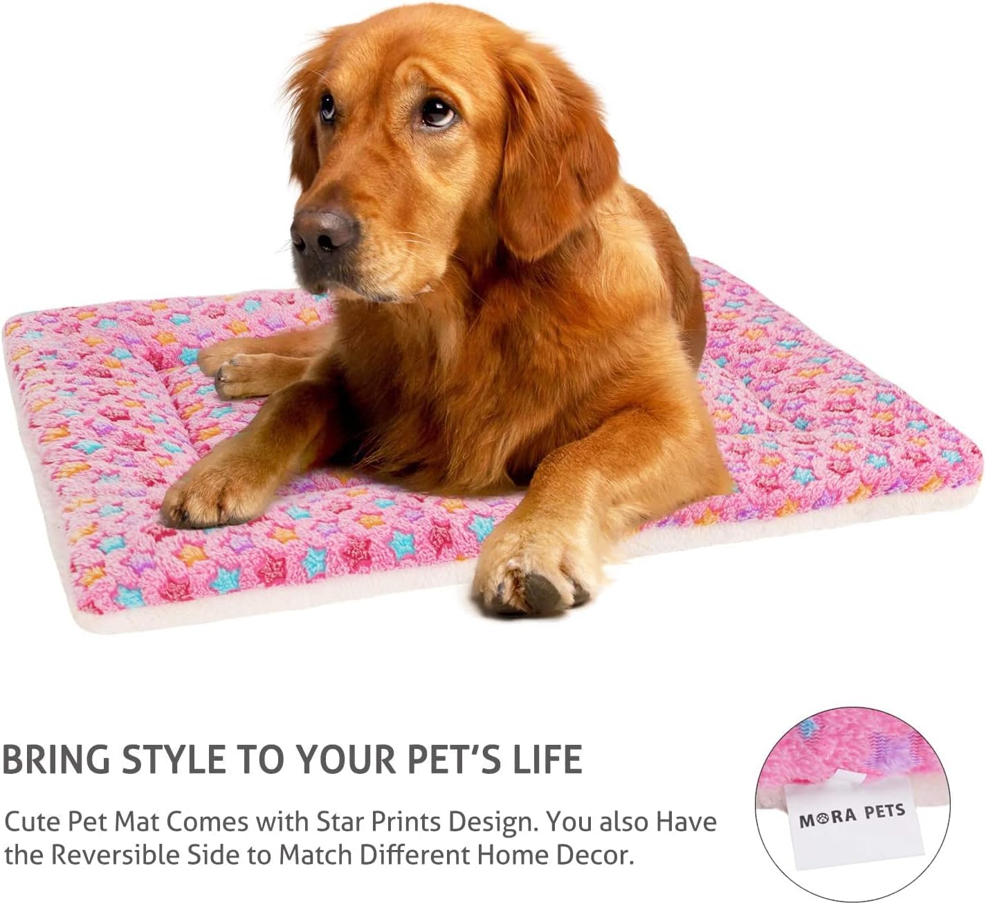 Mora Pets Dog Crate Pad - Ultra Soft Pet Bed With Cute Star Print, Washable Mat for Large Medium Small Dogs, Reversible Fleece Kennel Liner, Cat Bed 41 x 29 Inch Pink