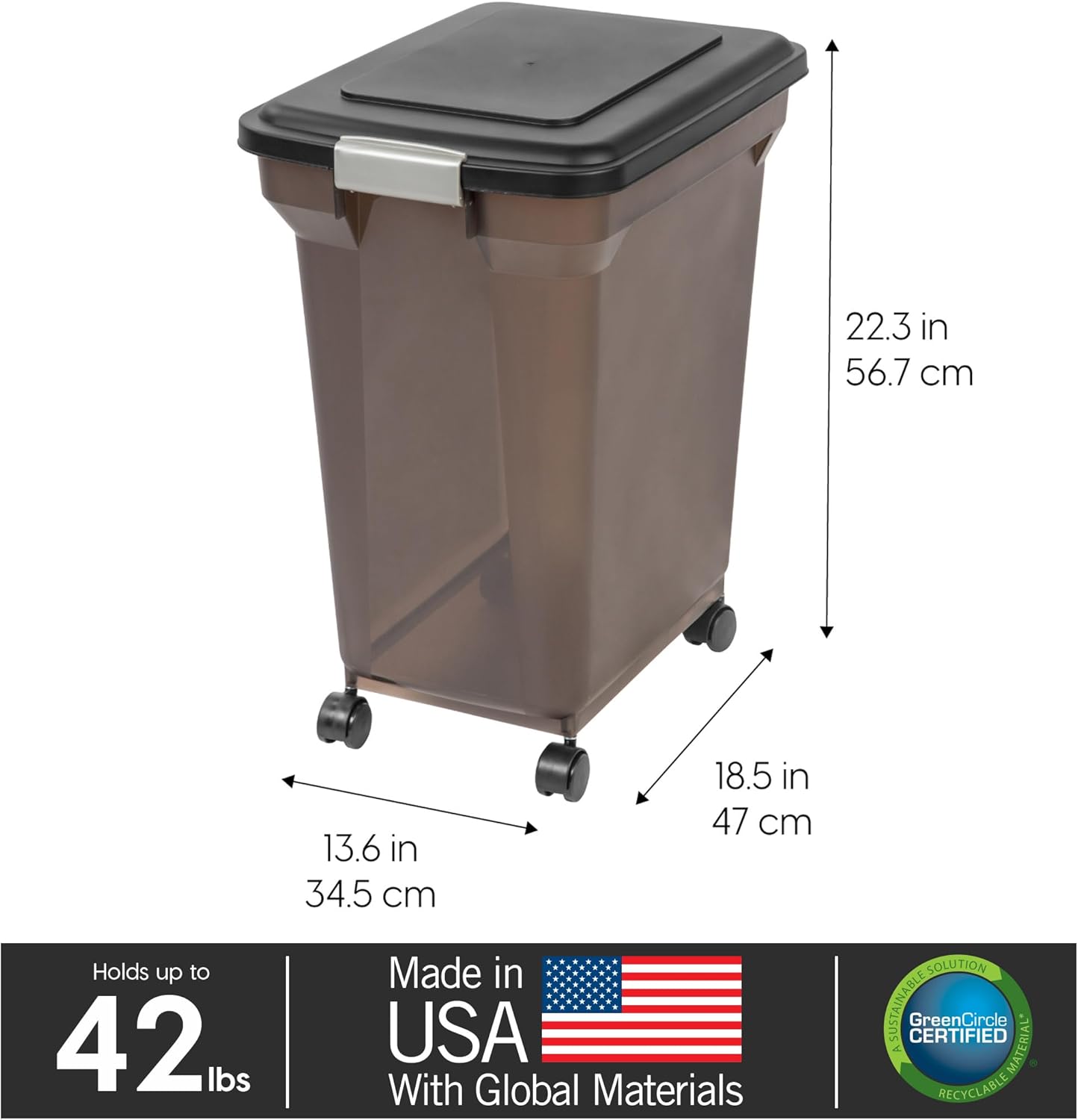 IRIS USA Airtight Dog Food Storage Container, WeatherPro, Up to 40 lbs, Removable Wheels, for Dog Cat Bird and Other Pet Food Storage Bin, Keep Fresh, Translucent Body, Made in USA, Smoke/Black