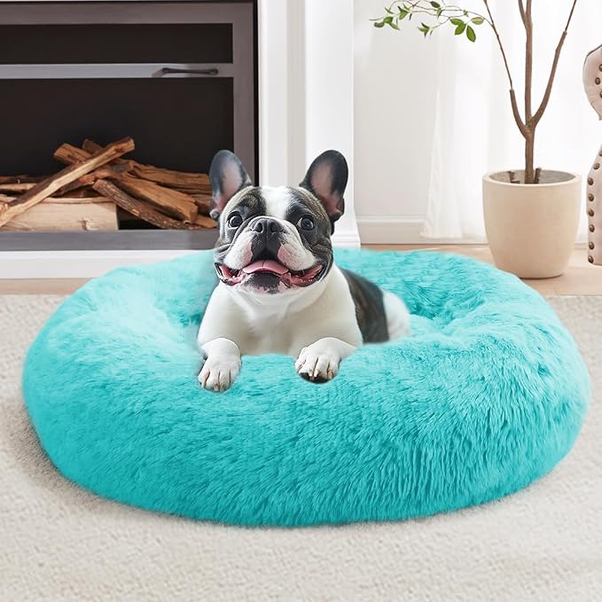 JOLLYVOGUE Calming Dog & Cat Bed for Small Dogs, Anti-Anxiety Donut Cuddler Cozy Soft Round Bed with Anti-Slip Bottom, Fluffy Faux Fur Plush Cushion Beds for Small Medium Pets (20")