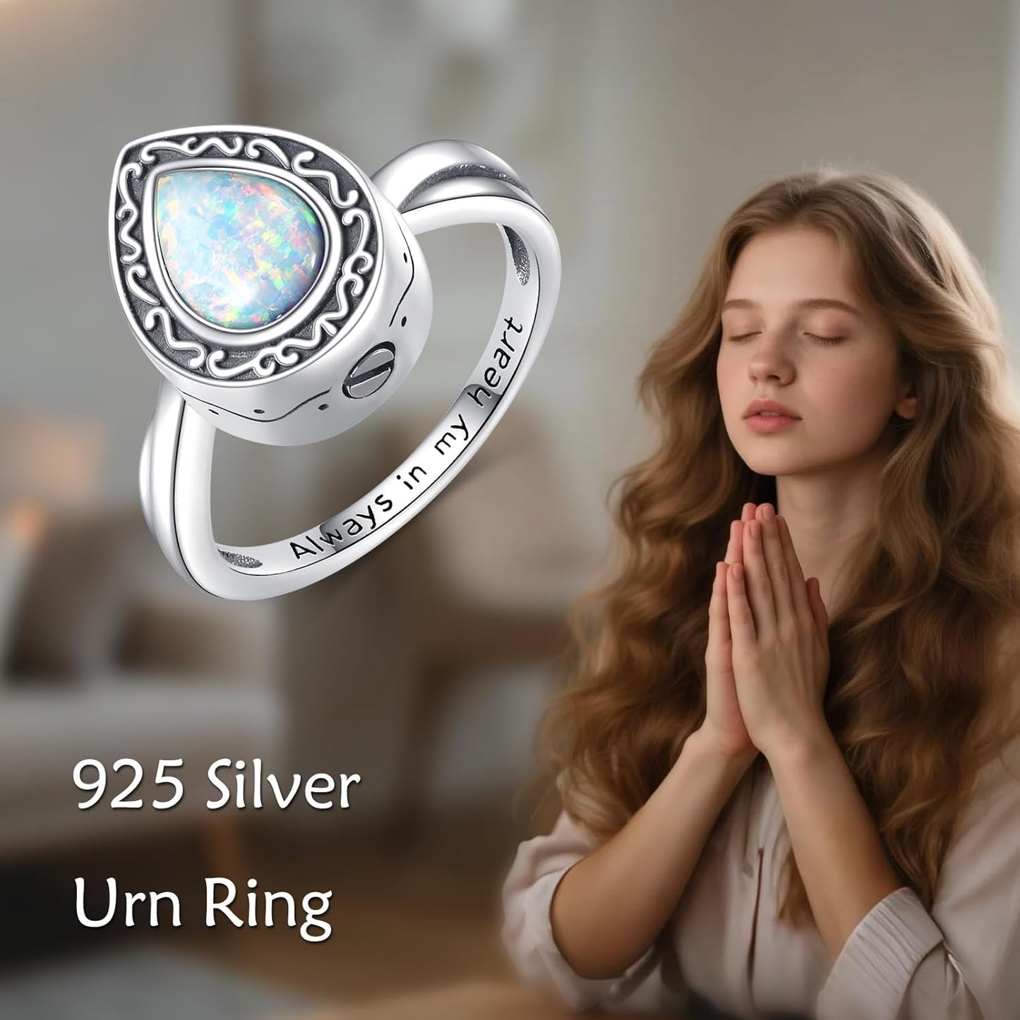 Teardrop Cremation Ring for Ashes 925 Sterling Silver Opal Urn Keepsake Rings Always in My Heart Memorial Jewelry for Women