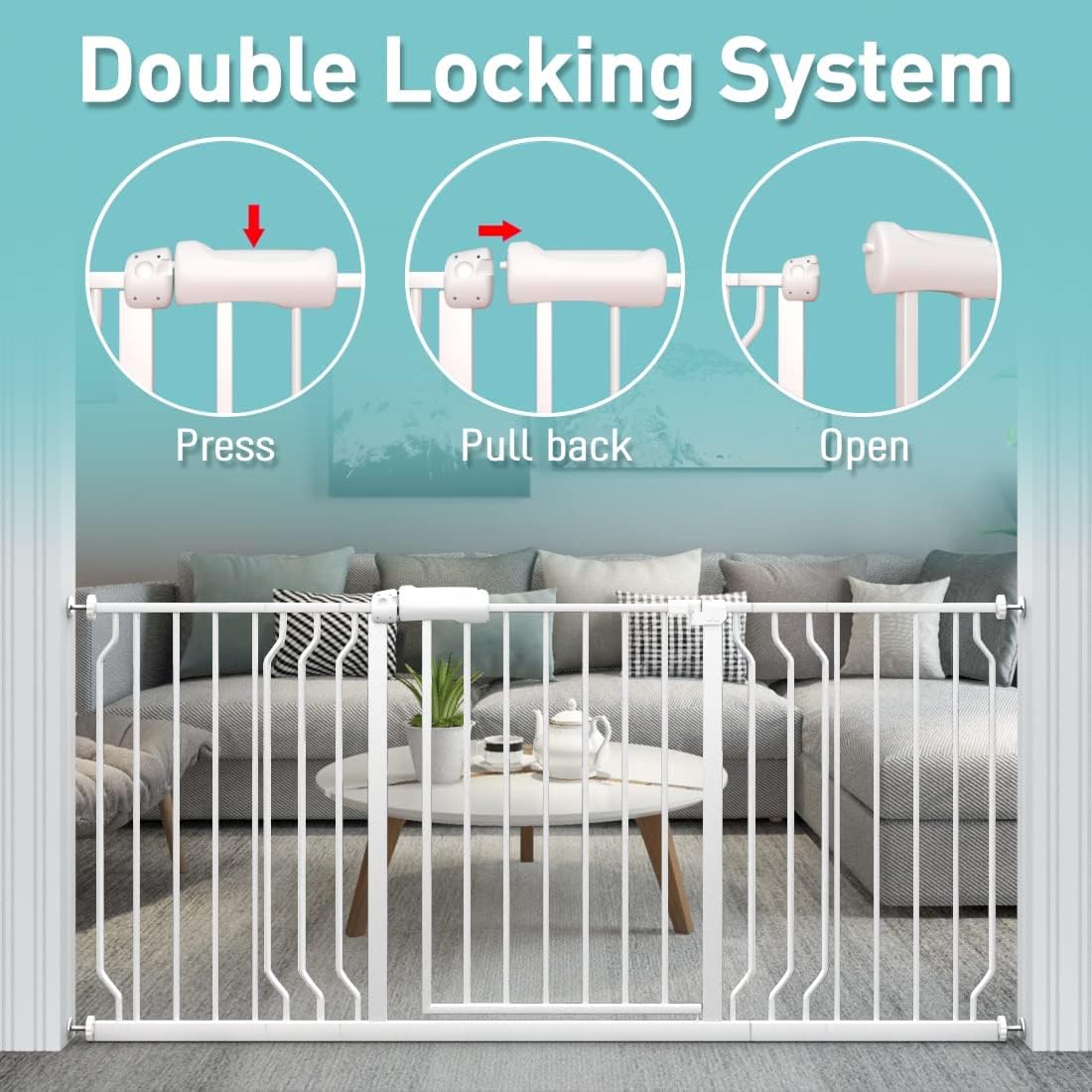 WAOWAO Baby Gate 62.19-66.88" Extra Wide Pressure Mounted Walk Through Swing Auto Close Safety White Metal Toddler Kids Child Dog Pet Puppy for Stairs,Doorways,Kitchen