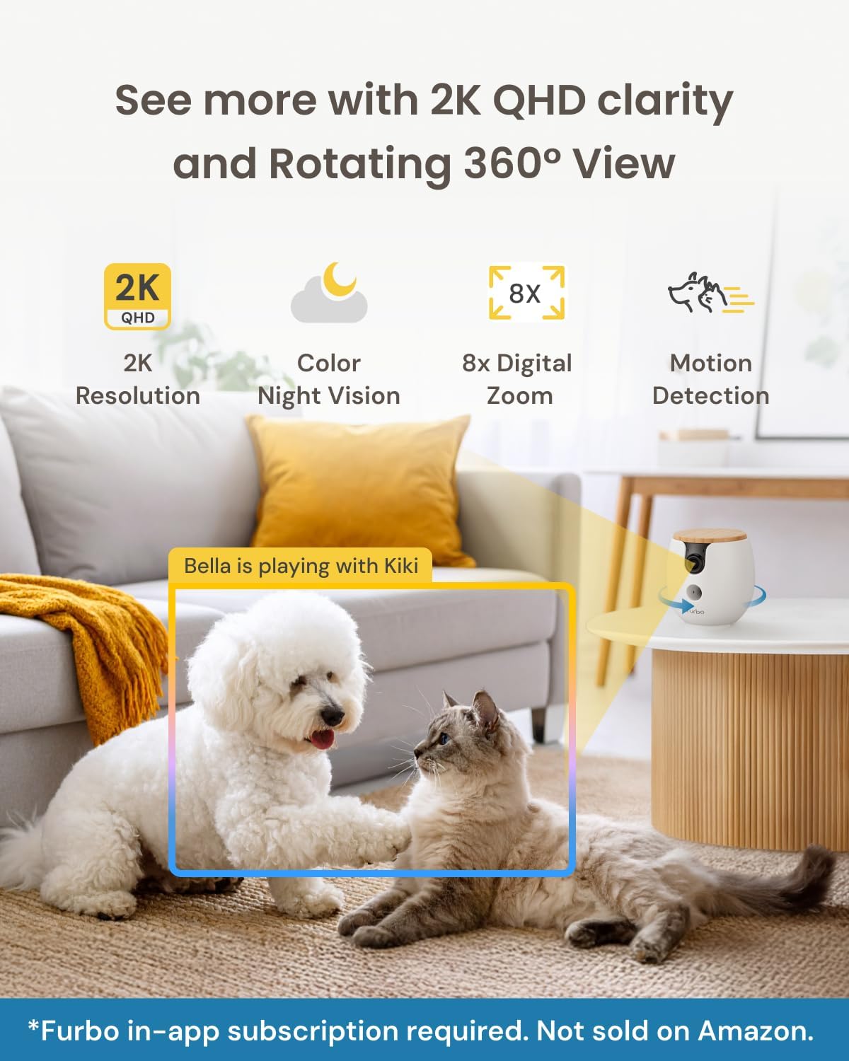 Furbo Mini 360° New 2K QHD Pet Camera - Unlock Smart Camera & Smart Features w/Paid Plan: Dog & Cat Safety Alerts, Rotating Treat Dispenser w/Speaker (Subscription Required, Low Risk 3mo Minimum)