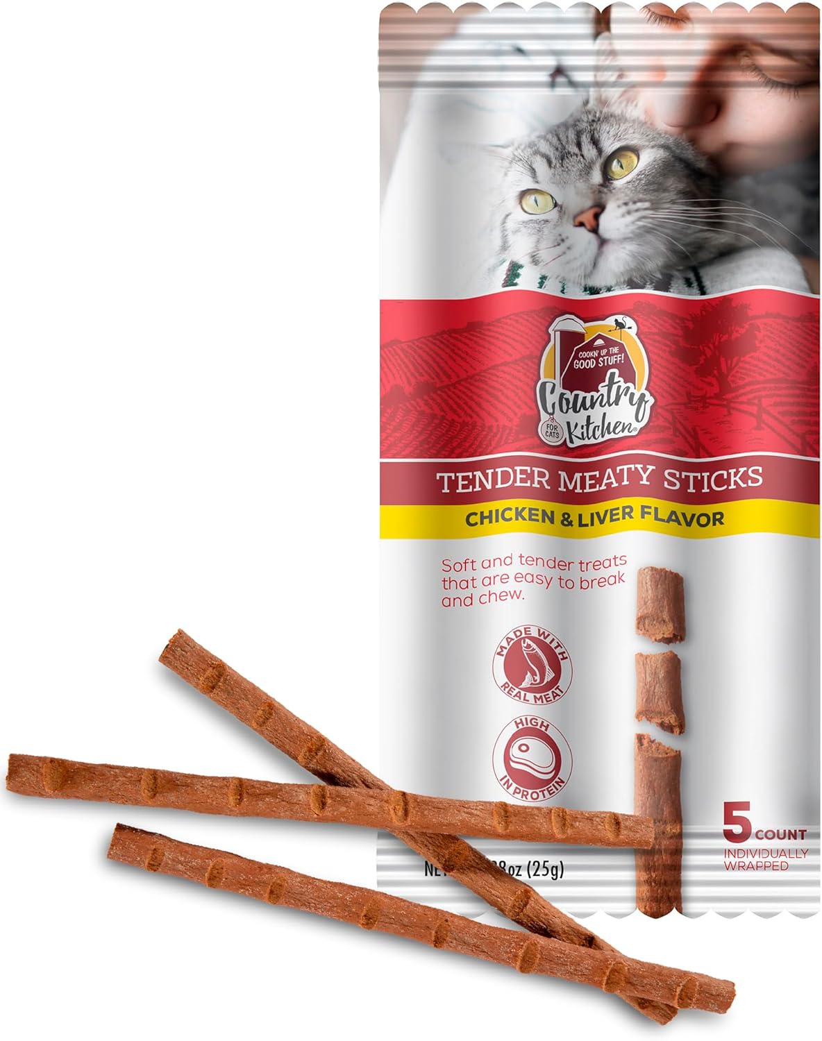 Country Kitchen Chicken & Liver Tender Meaty Sticks Cat Treats, High in Protein, Easy to Break and Chew, 0.88 Oz, 5 Count