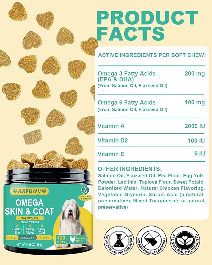Omega 3 for Dogs - Dog Skin and Coat Supplement with EPA & DHA Fatty Acids- Fish Oil Chews with Salmon Oil & Vitamins - Itchy, Dry & Shedding Skin Relief- Chicken Flavor, 120 Chews