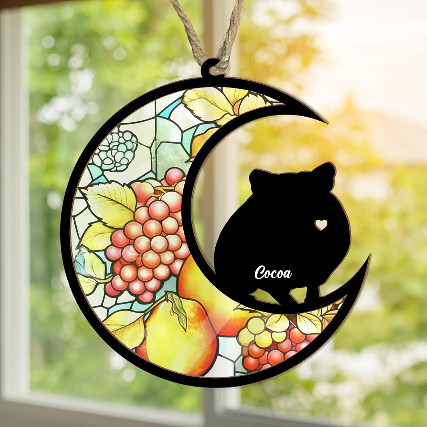 AlpadilAndCo Personalized Hamster Moon Sign Suncatcher - Memorial Window Hanging, Engraved Hamster Lovers - Wooden, Hanging, Modern Style, 1 Count