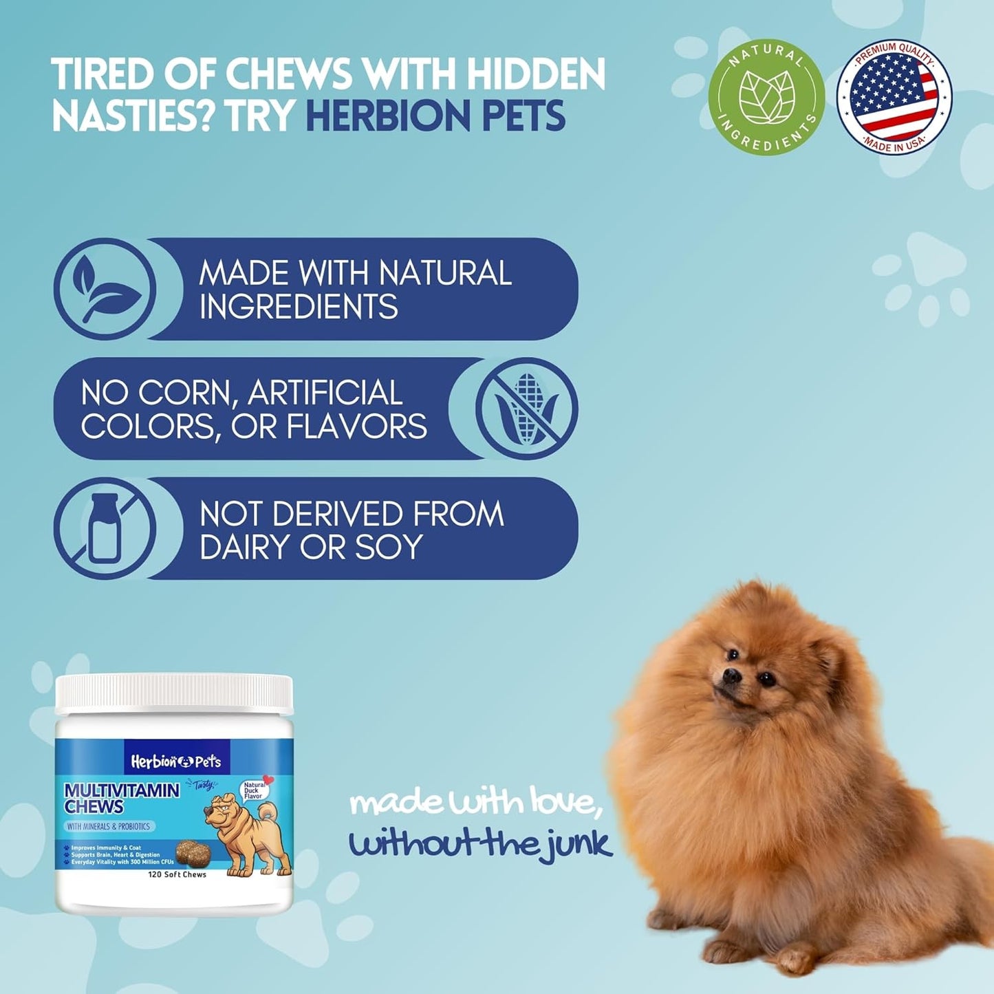 HERBION Pets Multivitamin Chews with Minerals & Probiotics, Improves Immunity & Coat, Supports Digestion, Brain & Heart Health, Delicious Natural Duck Flavor, Dog Supplements & Vitamins, Pack of 1