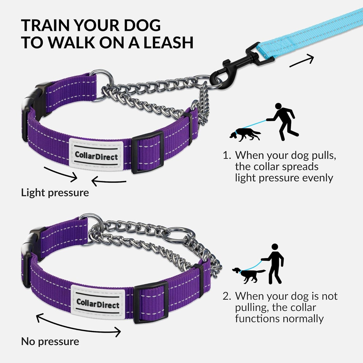 CollarDirect Martingale Dog Collar with Stainless Steel Chain and Quick Release Buckle - Reflective Collar for Large, Medium, Small Dogs - Purple, Large (Neck Size 17"-22")
