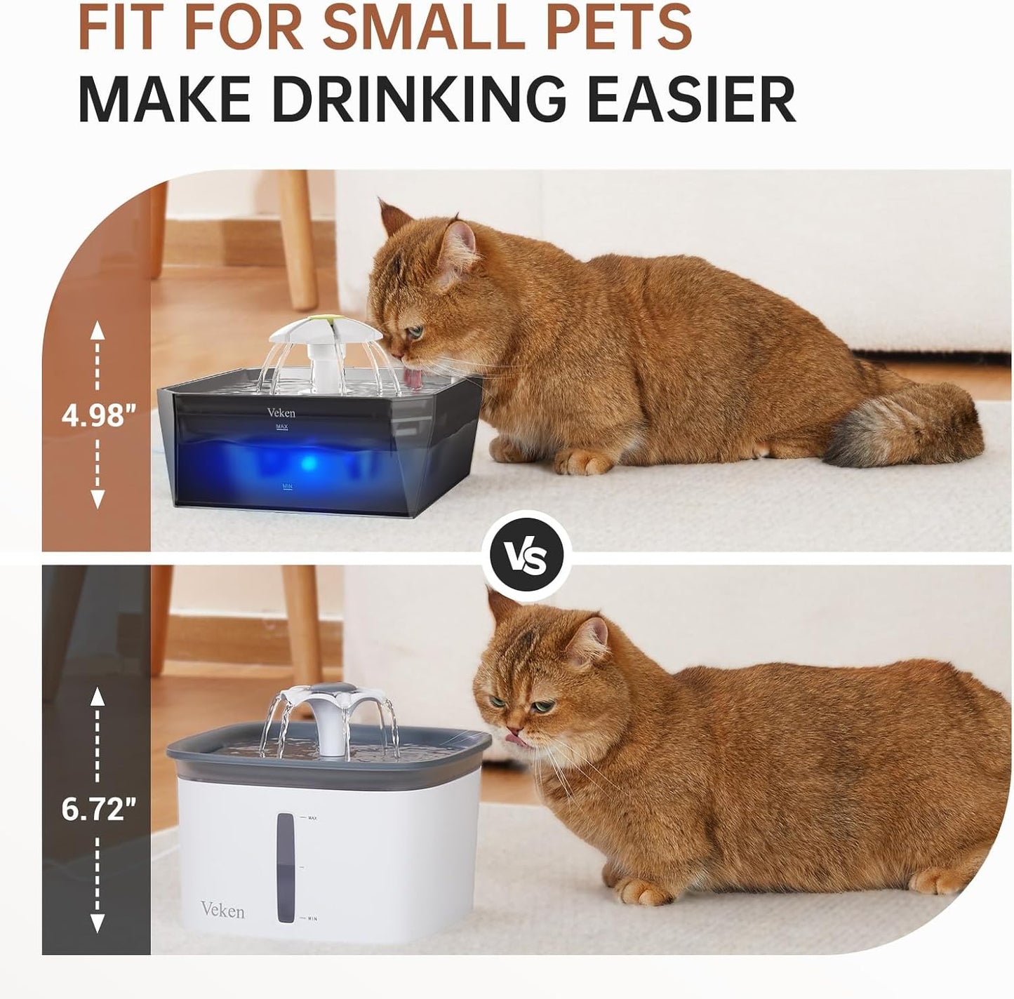 Veken Award-Winning Small Pet-Friendly Cat Water Fountain with Stainless Steel Lid & Quiet Pump, Easy to Clean & Assemble, 50oz Mini Pet Water Dispenser for Cats, Dogs and Small Animals, Silver