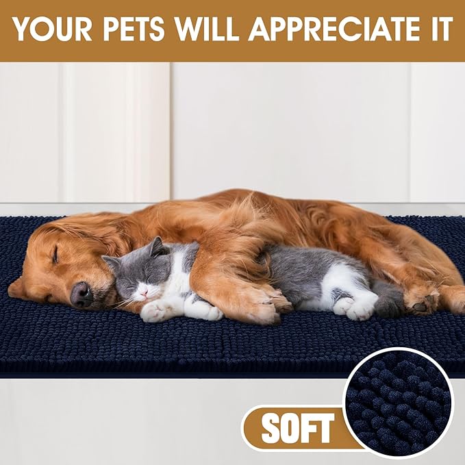 Extra Large Dog Door Mats for Muddy Paws, Chenille Absorbent Dog Mats, Non Slip Heavy Mud Mat for Dogs, Soft Pet Mat for Entryway, Mud Paws, Inside Floor,71" x 25", Navy Blue