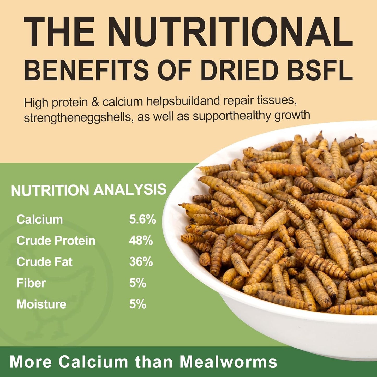 5LB Dried Black Soldier Fly Larvae for Chickens Treats Bulk - Non GMO BSF Larvae 85~180X More Calcium Than Dried Mealworms for Laying Hens, Chicken Worms for Wild Birds Natural Insect Poultr Feed