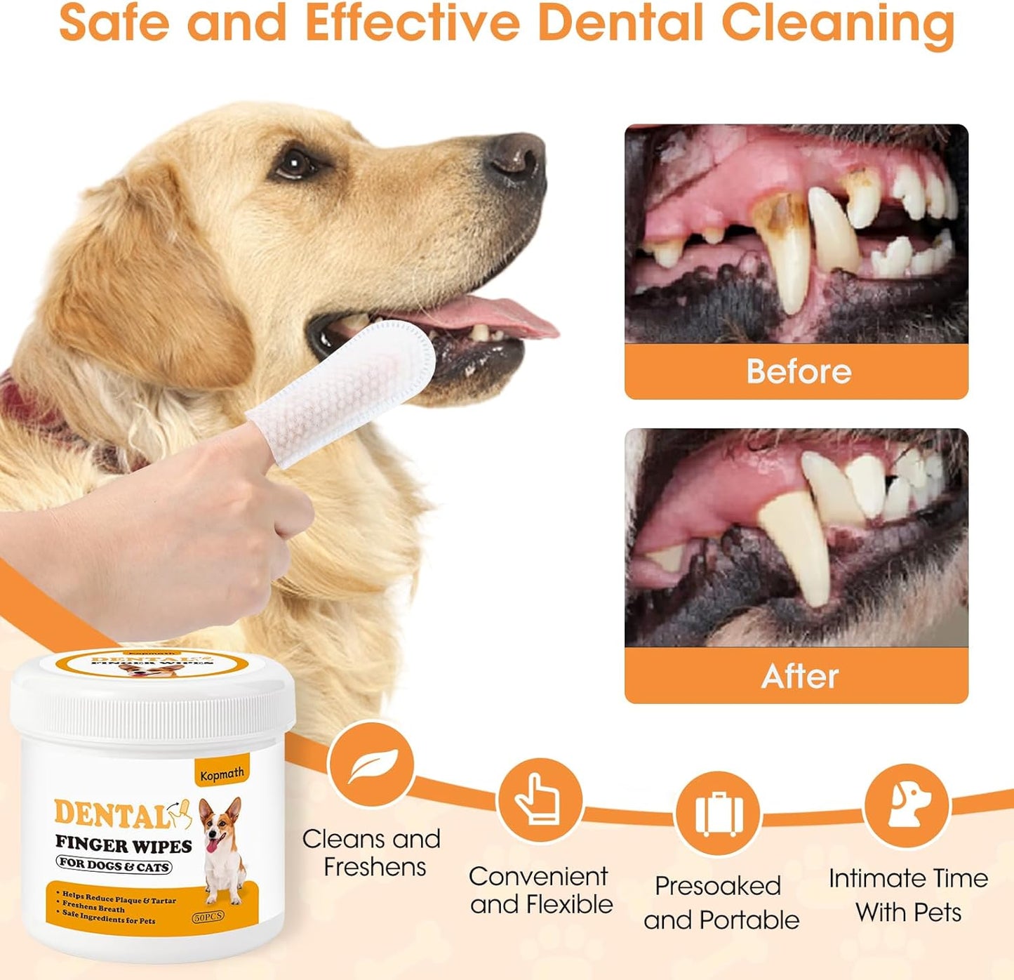 Dog Dental Wipes, Dog Teeth Cleaning Finger Wipes, Reduce Plaque & Tartar, Freshen Breath, Safe Natural Pet Dental Care Finger Wipes for Dog & Cat, Portable & Disposable Dog Tooth Wipes, 50 Ct
