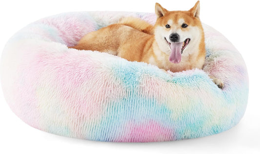 Bedsure Calming Dog Bed for Medium Dogs - Donut Washable Medium Pet Bed, Anti-Slip Round Fluffy Plush Faux Fur Cat Bed, Fits up to 45 lbs Pets, Multi-Colored, 30 inches