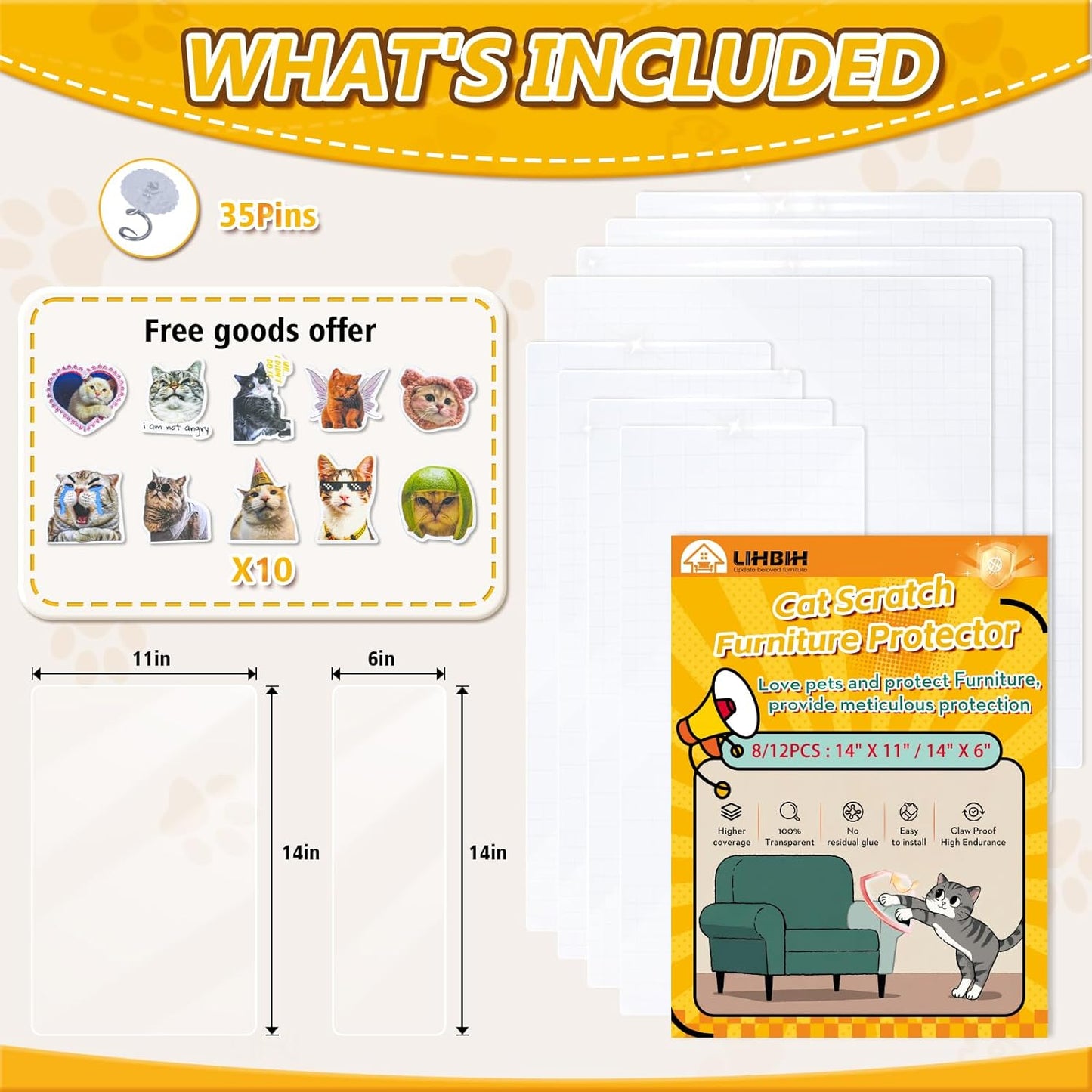 Anti Cat Scratch Furniture Protector, 8 Pcs Self-Adhesive Couch Protector for Cat Claws, Heavy Duty Couch Cover Furniture Protectors from Cats Scratching Tape for Sofa, Corner, Door, Chair