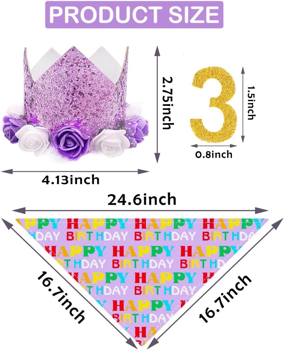 PET SHOW Purple Crown Dog Birthday Party Hat with Bandana Set for Girls Reusable Party Supplies Cat Kitten Headband with 0-9 Numbers Charms Costume Accessories with Glue