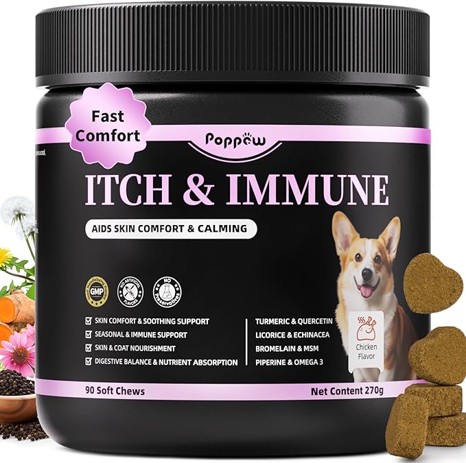 Itch Relief for Dogs - Turmeric Supplements for Itching Skin Comfort & Coat Health & Seasonal Allergy Care, Immune Support Supplement with Omega-3 Fish Oil, Biotin - Chicken Flavor - 90 Count
