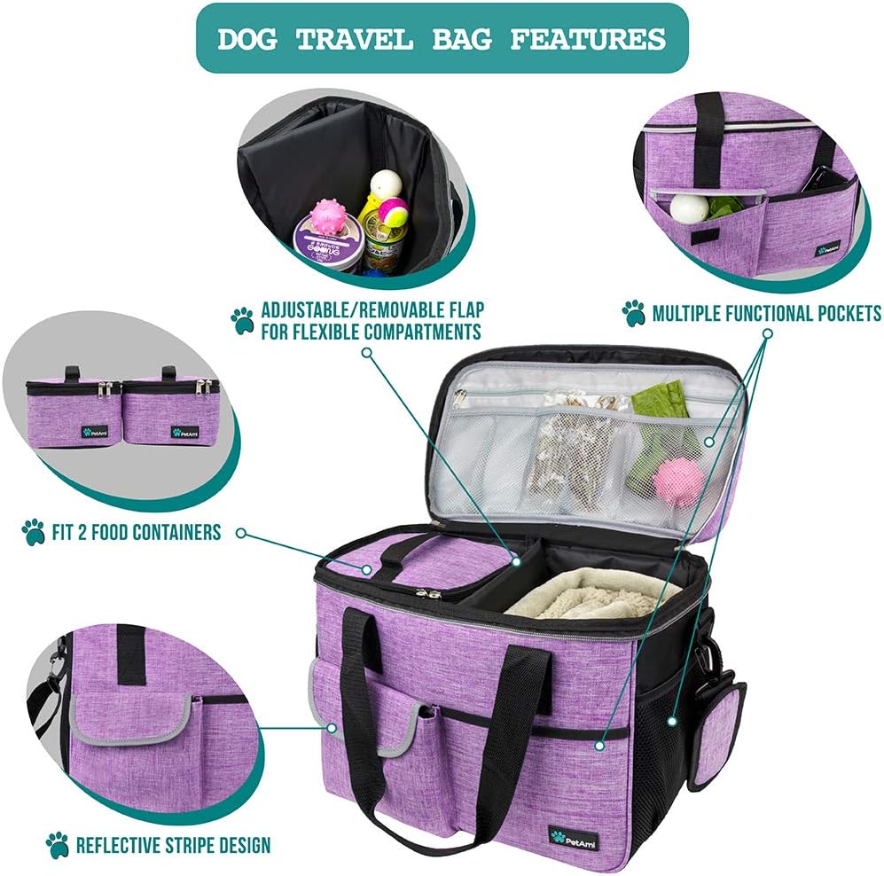 PetAmi Dog Travel Bag - Travel Pet Organizer with Food Container and Bowls, Perfect for Weekend Camping, Cat Diaper Bag (Purple, Medium)