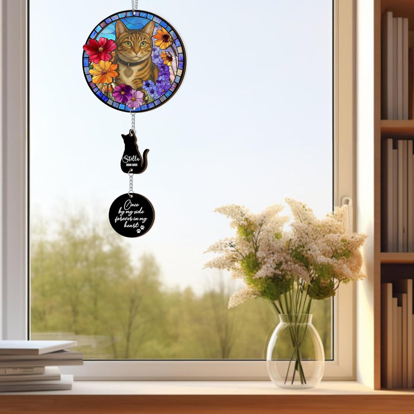 Personalized Stained Glass Sleeping Cat Suncatcher |Cat Loss Sympathy Gift | Customized Pet Memorial Suncatcher with Charms | Custom Pet Memorial Gifts| Best Gifts for Your Beloved Cats Passed Away