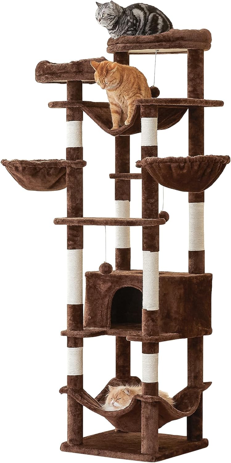 77-Inch Brown Cat Tree for Indoor Cats, Multi-Level Large Cat Tower with 4 Hammocks, 2 Padded Perches, Cat Condo, Sisal Scratching Posts and Hanging Toys for Adult Cat
