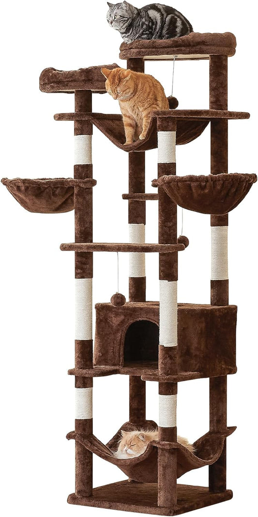 77-Inch Brown Cat Tree for Indoor Cats, Multi-Level Large Cat Tower with 4 Hammocks, 2 Padded Perches, Cat Condo, Sisal Scratching Posts and Hanging Toys for Adult Cat