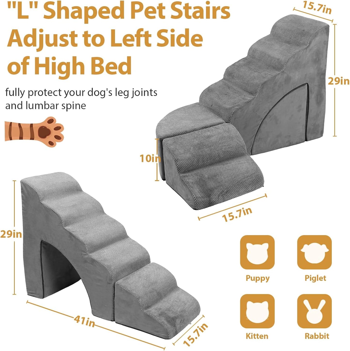 Dog Stairs for High Beds up to 32" H, A.FATI 6 Step Pet Ramp with Machine Washable Cover, Non-Slip Dog Steps for Bed for Small/Medium/Old Dogs, 30D Foam Pet Stairs