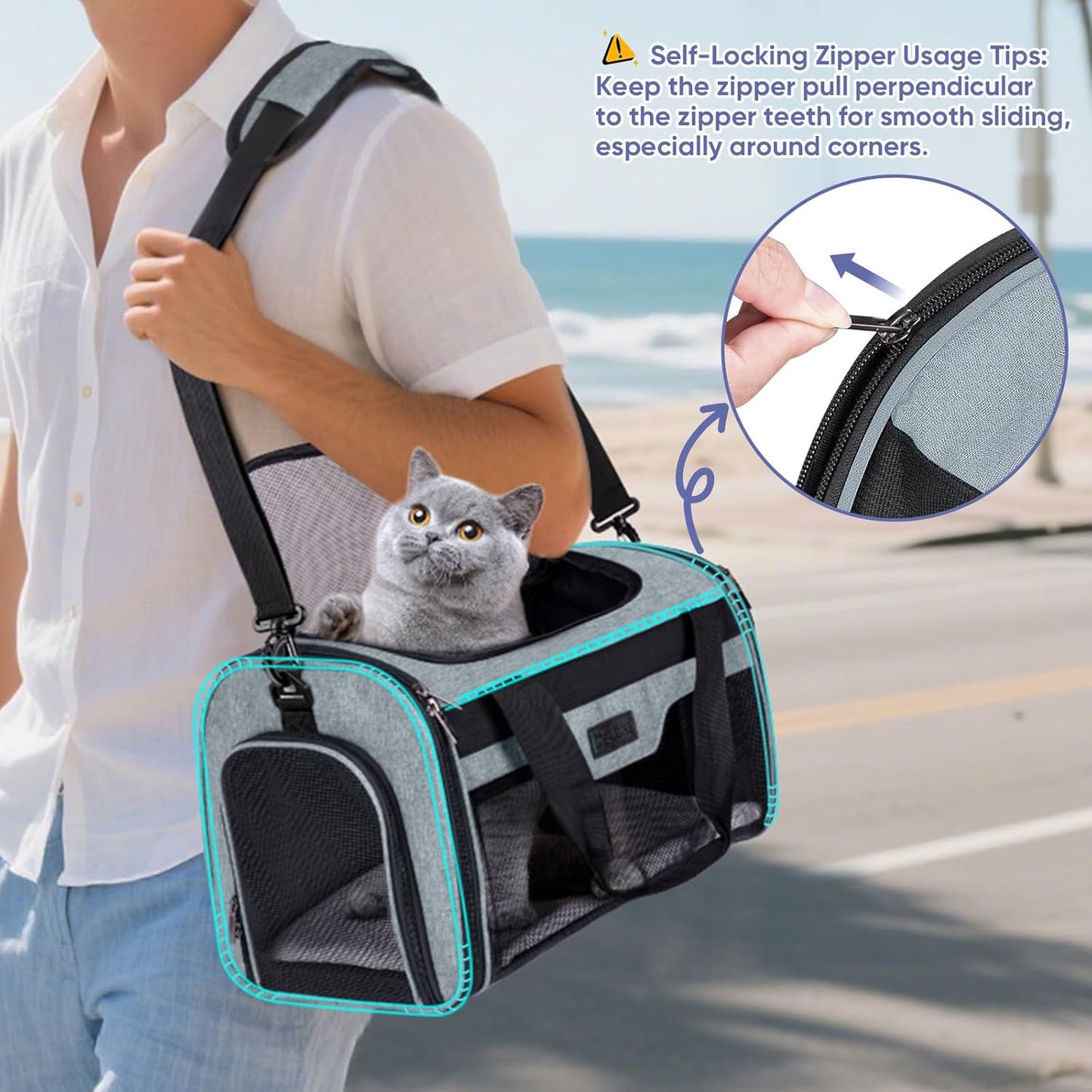 BALEINE Cat Carrier, Puppy Dog Carrier for Small Medium Pets Up to 22 Lbs, Soft-Sided Dog Travel Bag with Safety Zippers, Collapsible Pet Carrying Case (Gray, XL, 19"x12"x12")