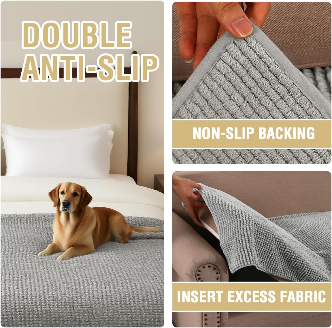 H.VERSAILTEX Plush Chenille Couch Cover for Dogs Pets Blanket for Bed Anti-Slip Soft and Durable Furniture Protector for Small Medium Large Cats Washable (52" x 82", Dove)