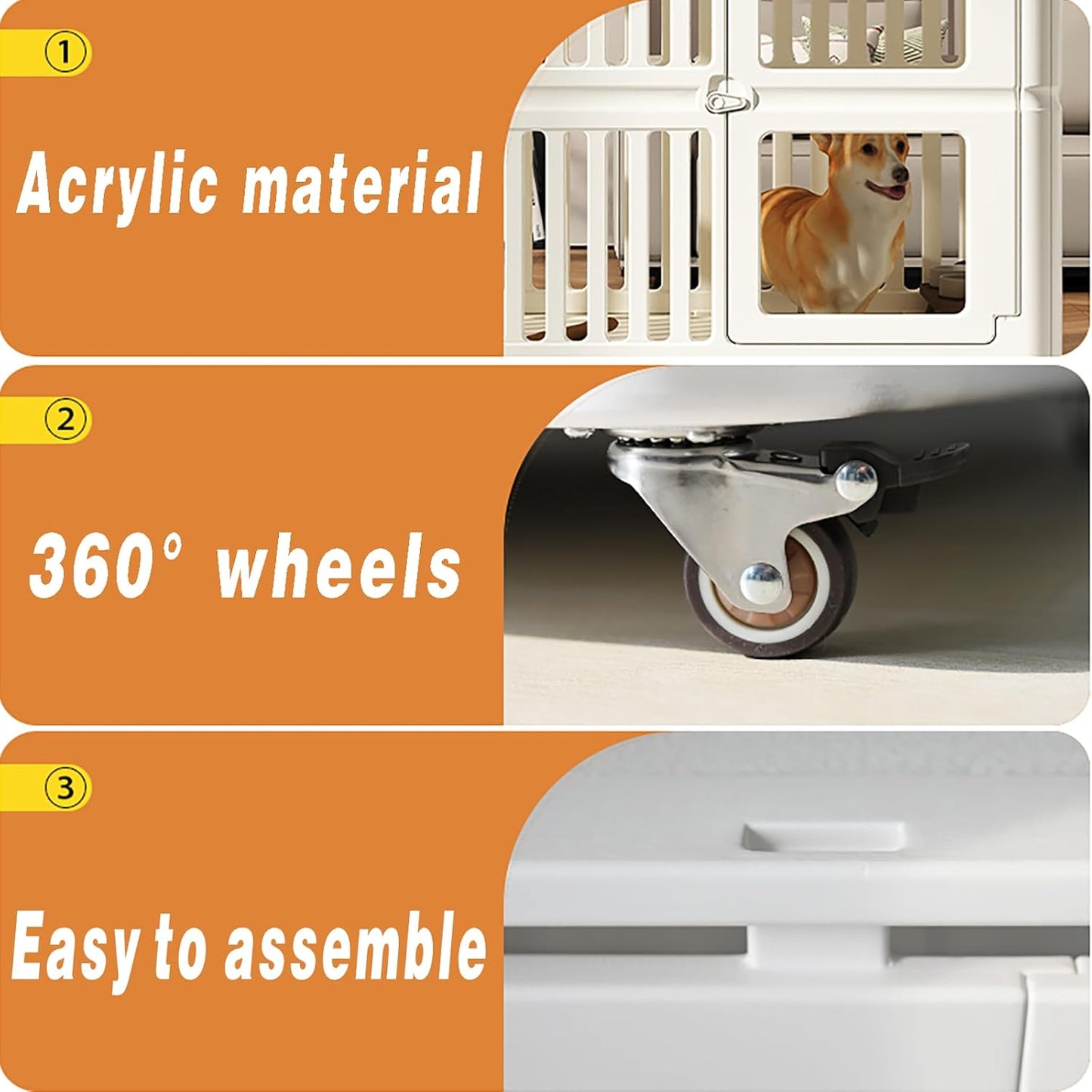 Acrylic Dog Crate Indoor with Wheels 34x 23x 30,Cute Plastic Easy Cleaning Pet Play Pen for Puppy Small Medium Dogs Playpen,White Houses Kennel