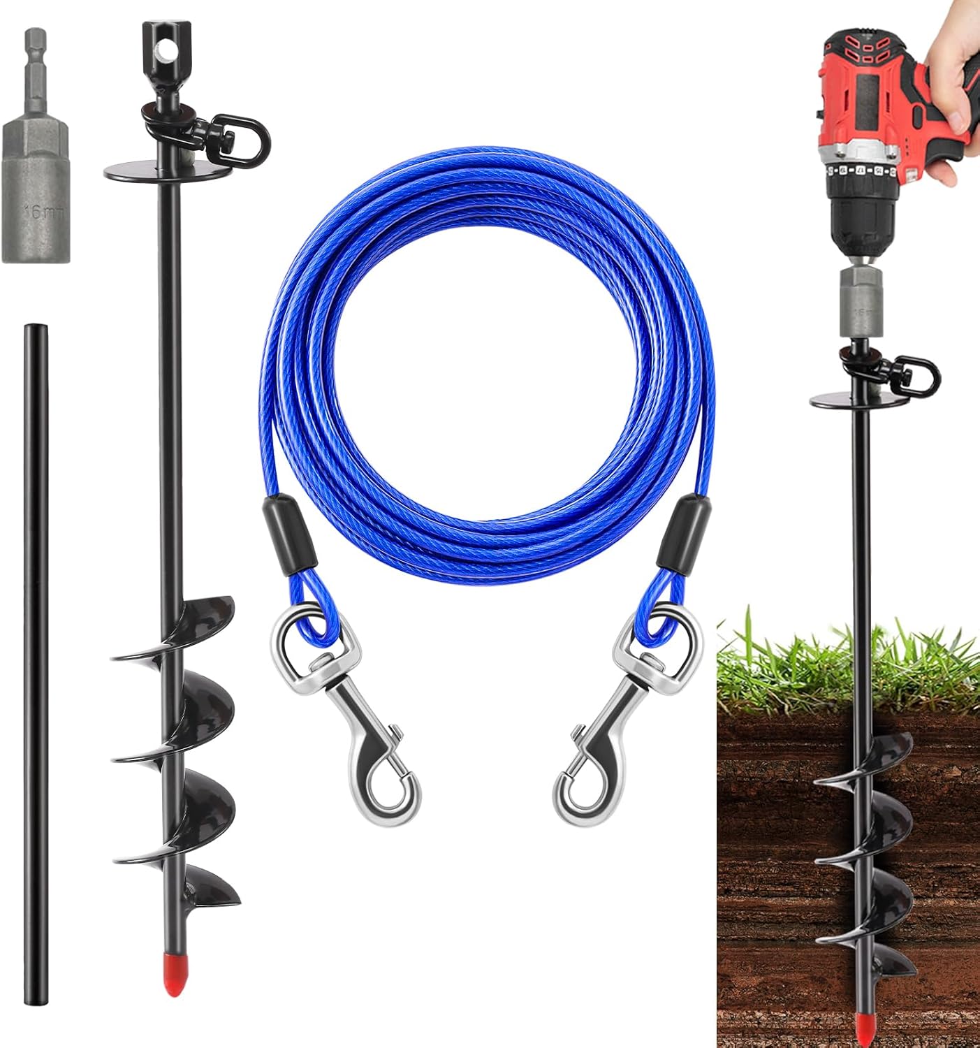 Heavy Duty Dog Tie Out Cable and Stake,30FT Rust Proof Dog Tether Leads for Yard,360°Swivel Spiral Dogs Stake&Chain Up to 200 lbs, Ground Anchor for Outdoor Beach Camping