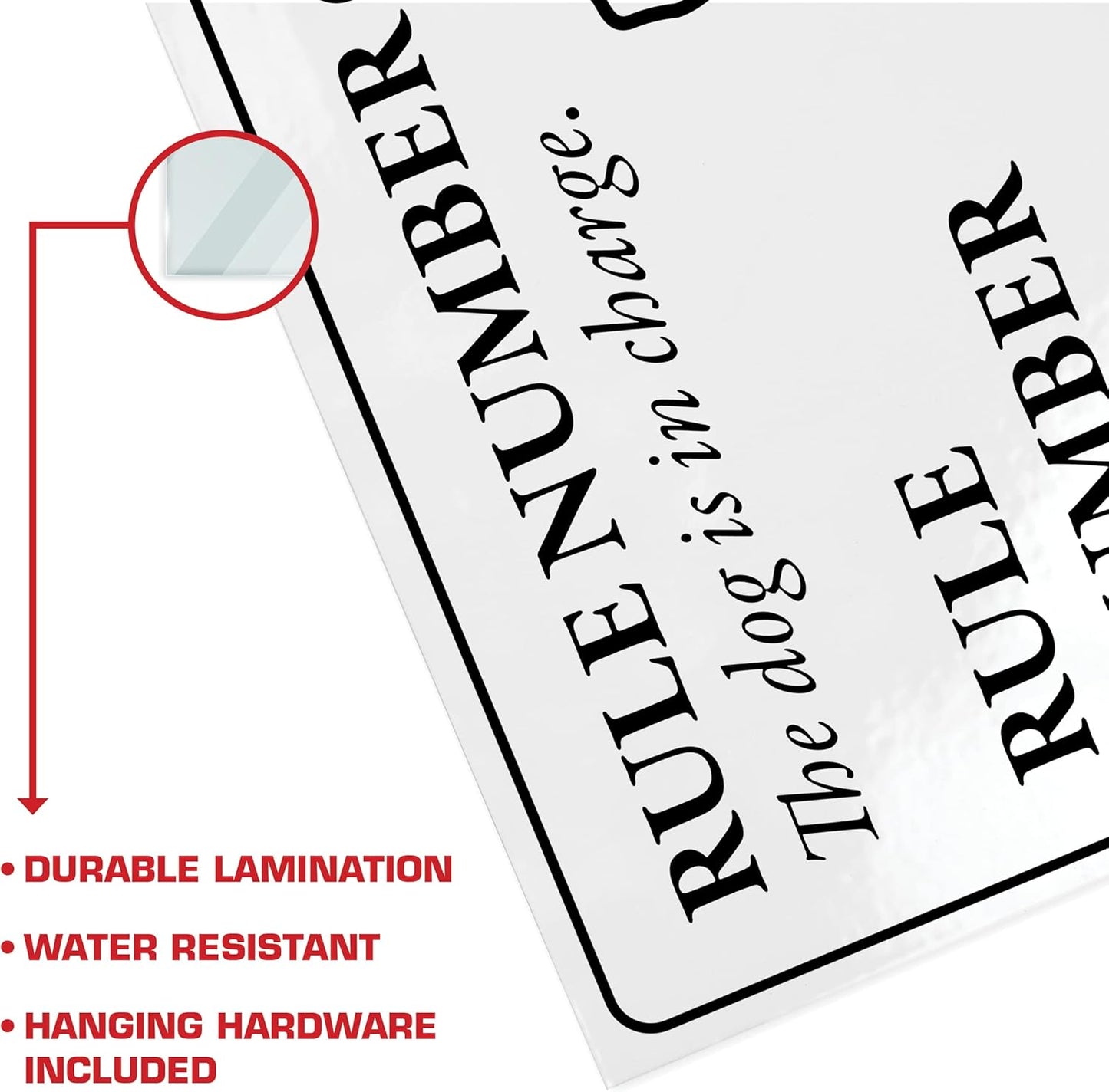 Funny Sign - The Dog is in Charge... 8.5" x 11" Laminated Sign, Dog Decor, Home Decor, Bundled with Mounting Putty and Adhesive Hook & Loop Dots for Easy Mounting - ENVISIONED Signage