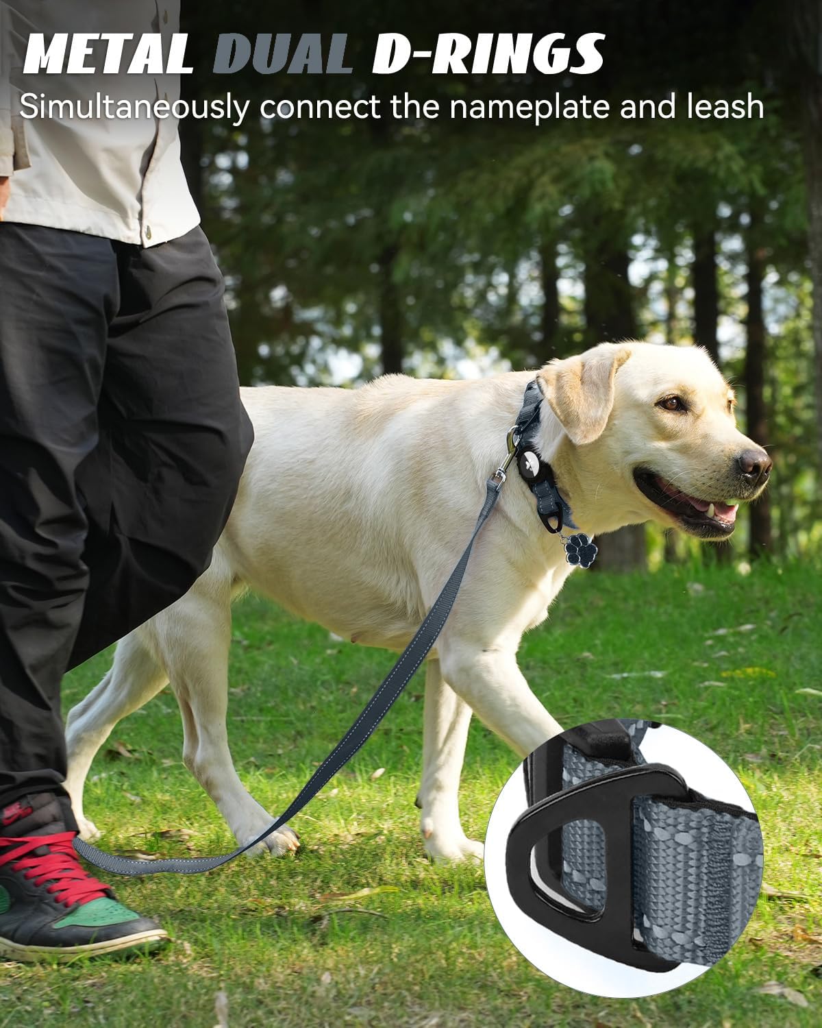 Joytale Airtag Dog Collar, Reflective Pet Collar with Waterproof AirTag Holder, Dual D-Rings, Soft Padded Adjustable for Large Dogs, Gray, L