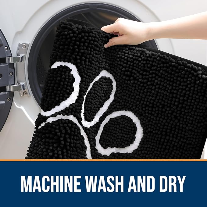 OLANLY Door Mat for Muddy Dog Paws 70x24, Ultra Absorbent Chenille Mud Doormat with Paw Print Design, Non-Slip Washable Doormat for Indoor Entryway, Quick-Dry Pet Bed Mats for Dirty Dogs, Black