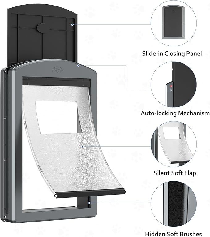 [Classicmacher] Dog Door for Large Dogs, White Frame Door for L arge Dogs, Strong Plastic Doggy Door and L arge Pets with Sliding Lock Panel and Magnetic Soft Flap (Large, Smoky Grey)