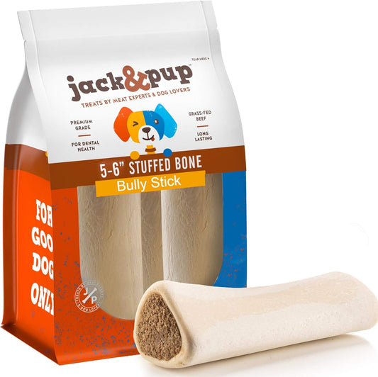 Jack&Pup 5-6" Filled Dog Bones for Large Dogs, Flavored Shin Dog Bones Long Lasting, Stuffed Bone for Dogs, High Protein, Bully Stick Flavor - 3 Pack