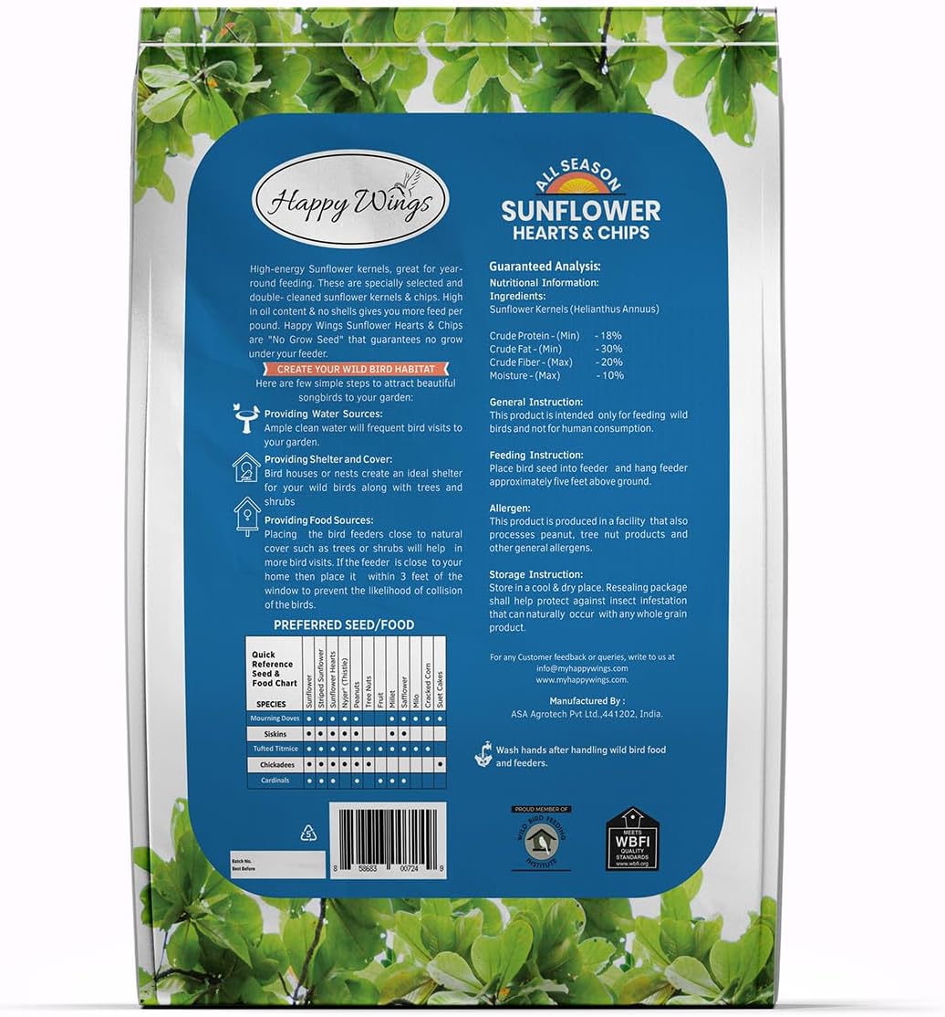 Sunflower Hearts & Chips Bird Food 15 lbs No Mess, No Waste Seed No Grow Formula Ideal for Wild Birds, Finches, Sparrows, and Year-Round Feeding.