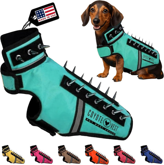 CoyoteVest SpikeVest Dog Harness Vest for Small Dogs, Reflective Dog Vest with Spikes to Shield Your pet from Coyotes, Raptor and Animal Attacks, Anti Hawk Vest, Made in USA (XXS-Turquoise)