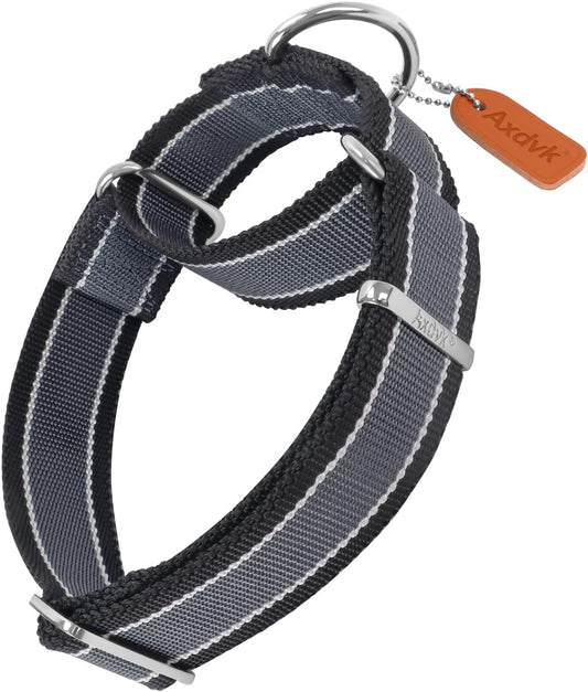 Martingale Collar 1.5 Inch Wide 1600D Extra Strong Anti Escape Nylon Dog Collar, No Pull Heavy Duty Pet Collars with 3-Color Stripe for Medium Dogs (M, Gray Blue & Black)