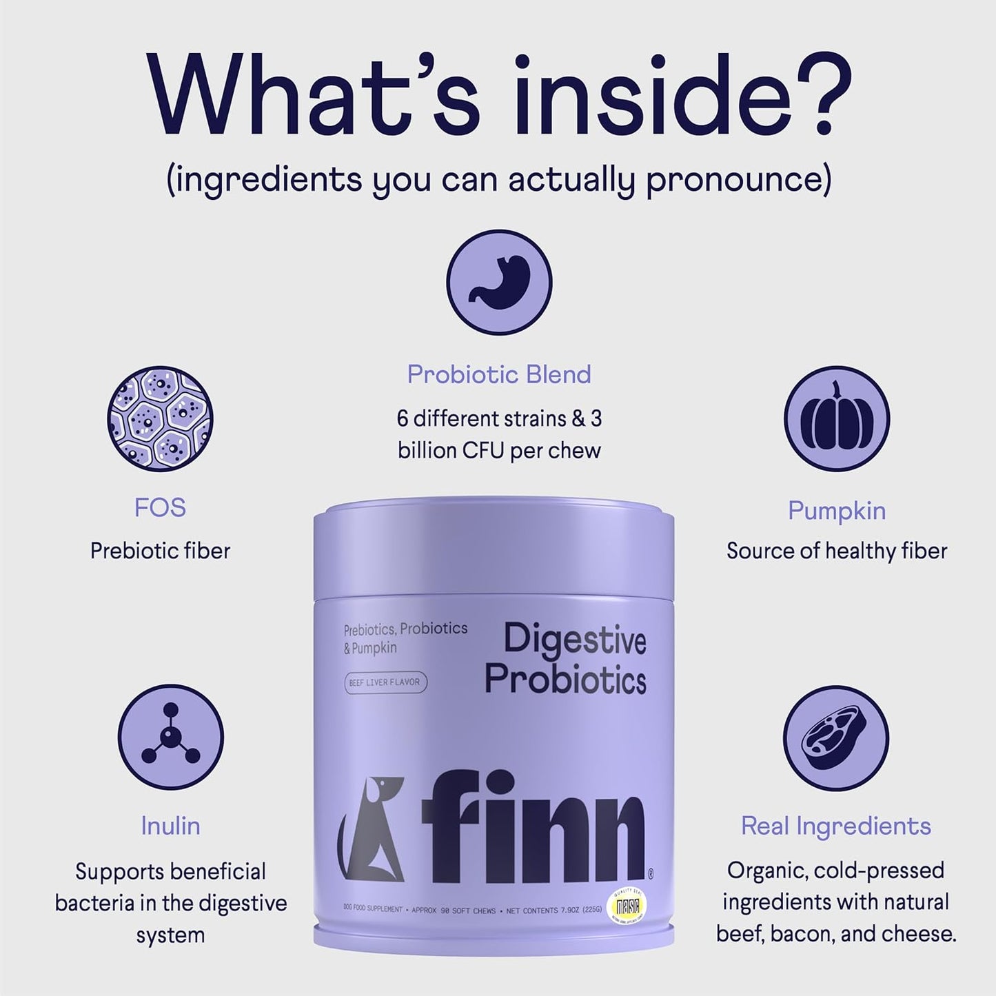 Finn Digestive Probiotics for Dogs - Complete Digestive System Support with Pumpkin, Prebiotics, & Live Probiotics - Vet Recommended & Made in The USA - 90 Soft Chews