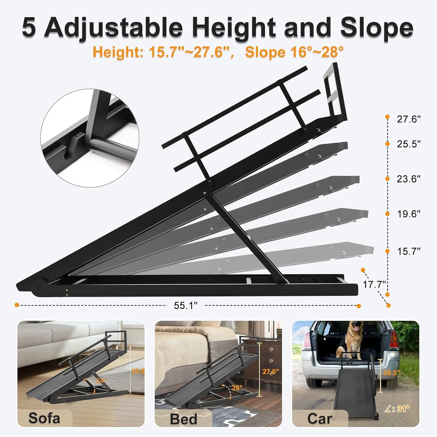 Dog Ramp for Bed, Adjustable Pet Ramps for Dogs to Get on Bed, Large Dogs Ramp for High Beds, Safety Dog Ramps with Rail for Couch/Car, Adjustable from 15" to 28" Height