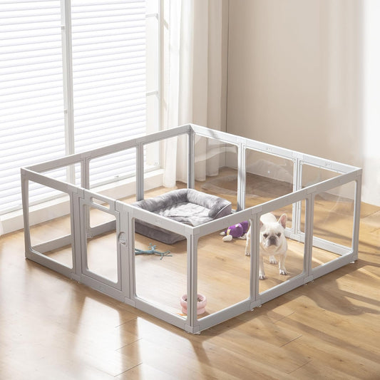 Clear Acrylic Plastic Dog Playpen Indoor - Easy Assemble Small Pet Play Pen for Puppy Cat Rabbit Pig Transparent Fence Enclosure Crate Kennel Whelping Cage (Grey, 12 Panel)
