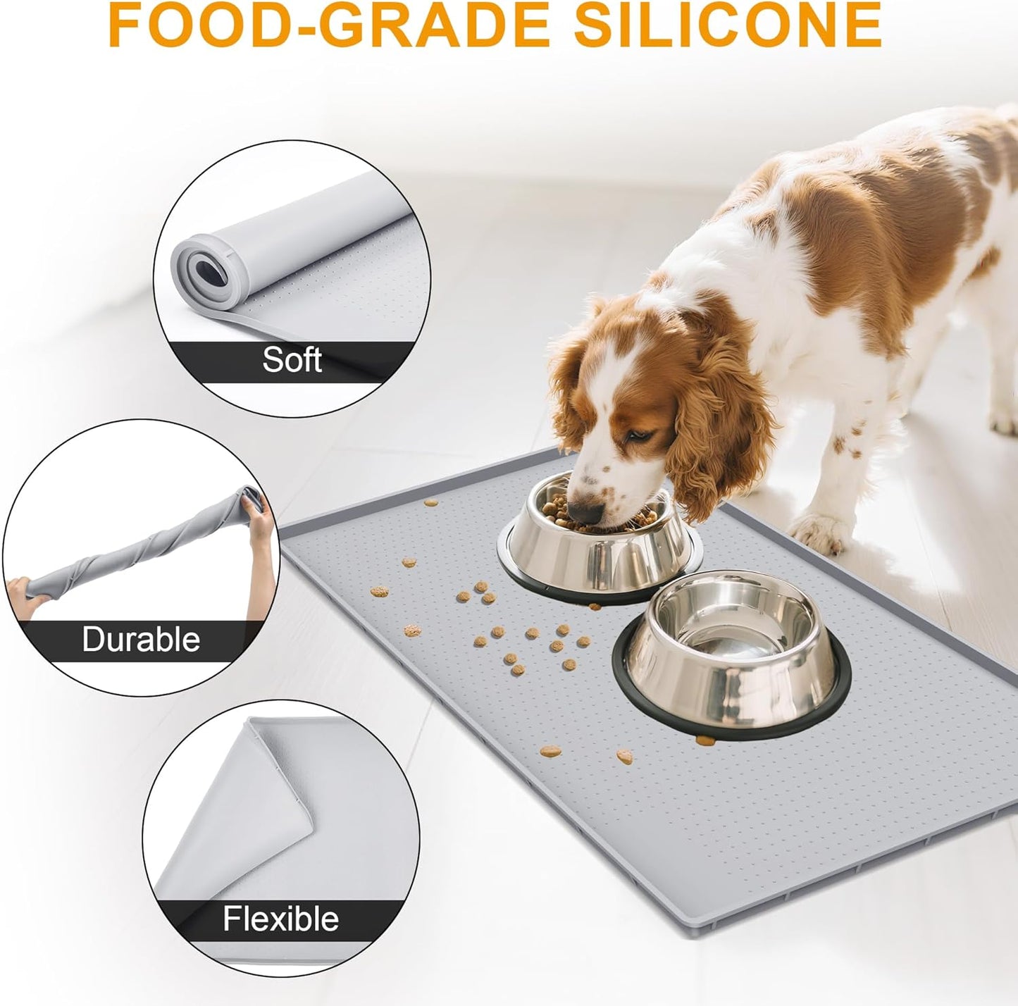 Mofason Pet Food Mat Waterproof Dog Mat 24”x16” Large – 0.5” inch Raised Edge,Cat Silicone Feeding Placemat Water Bowl Tray for Floors, Nonslip Washable Dog Mat for Food and Water