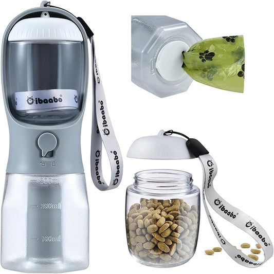 Dog Water Bottle with Food Container & Poop Bag Holder, Travel Water Bowl, Portable Pet Dispenser, Dog Stuff Accessories Items, Puppy Essentials Necessities for Yorkie Chihuahua Walking Hiking