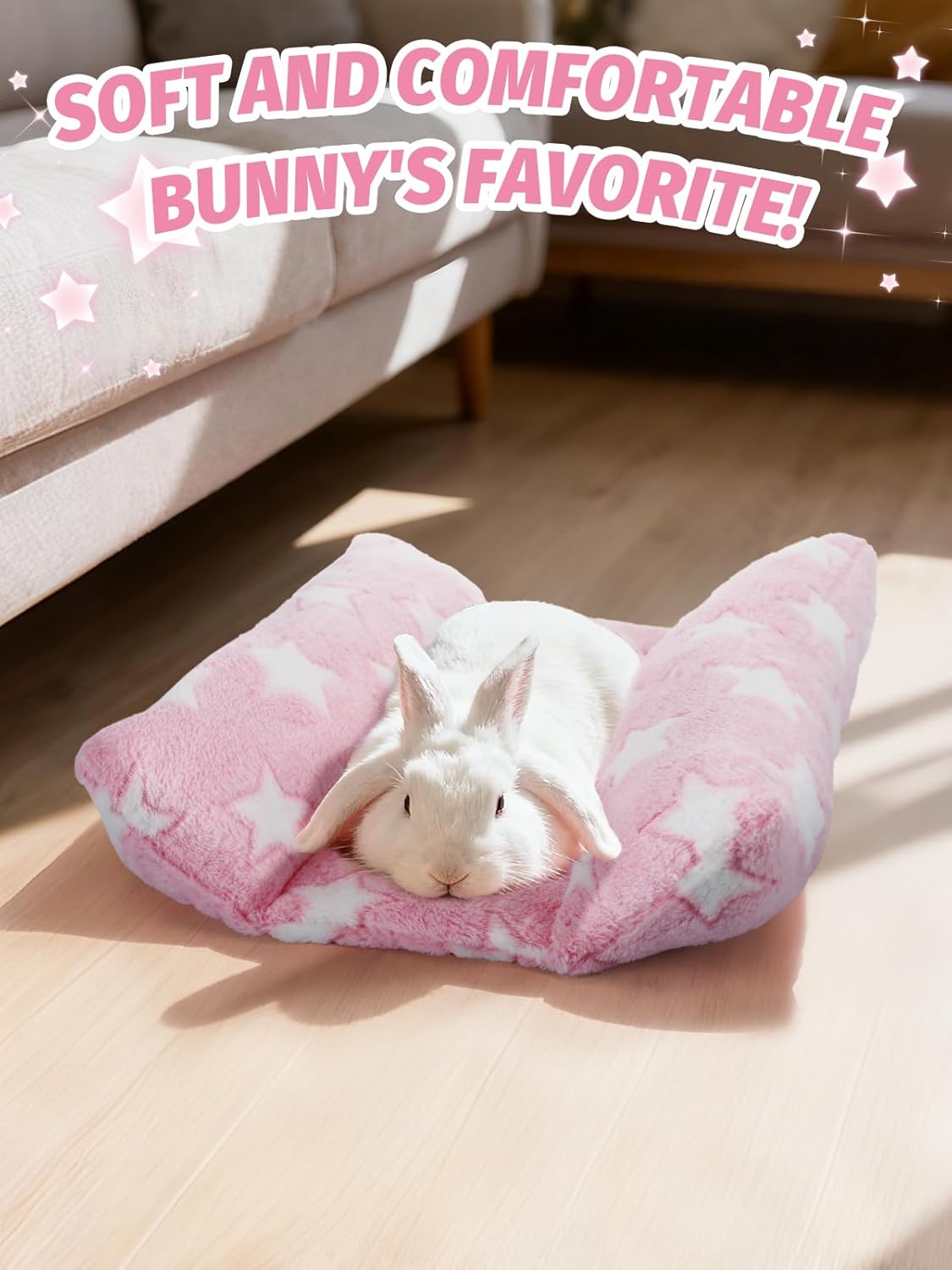 MEWTOGO 15.7x14in Rabbit Bed - Thickened Soft Bunny Concave Bed, Cuddle Cushion Plush Mat with Cotton Lounger Pillows for Cage Sleeping Indoor Bunny Gifts, Pink-Star