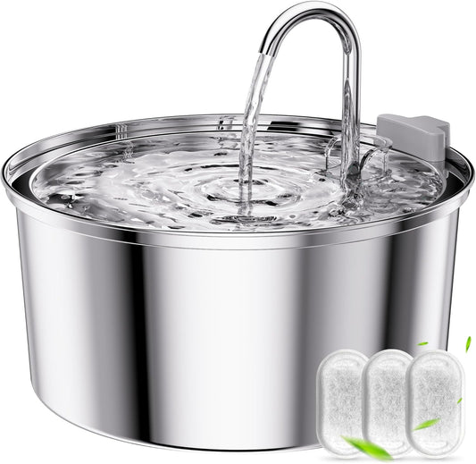 Tomxcute Cat Water Fountain, 3.2L/108oz Automatic Stainless Steel Pet Fountain Dog Water Dispenser, Ultra-Quiet Pump and 3 Replacement Filters & for Cats, Dogs, Multiple Pets