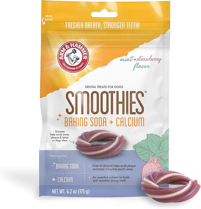 Arm & Hammer for Pets Smoothies Dental Treats for Dogs with Baking Soda and Calcium, Help Fight Bad Breath, Plaque & Tartar Without Brushing, Mint Strawberry, Ring Shaped, 5 Pcs (Packaging May Vary)