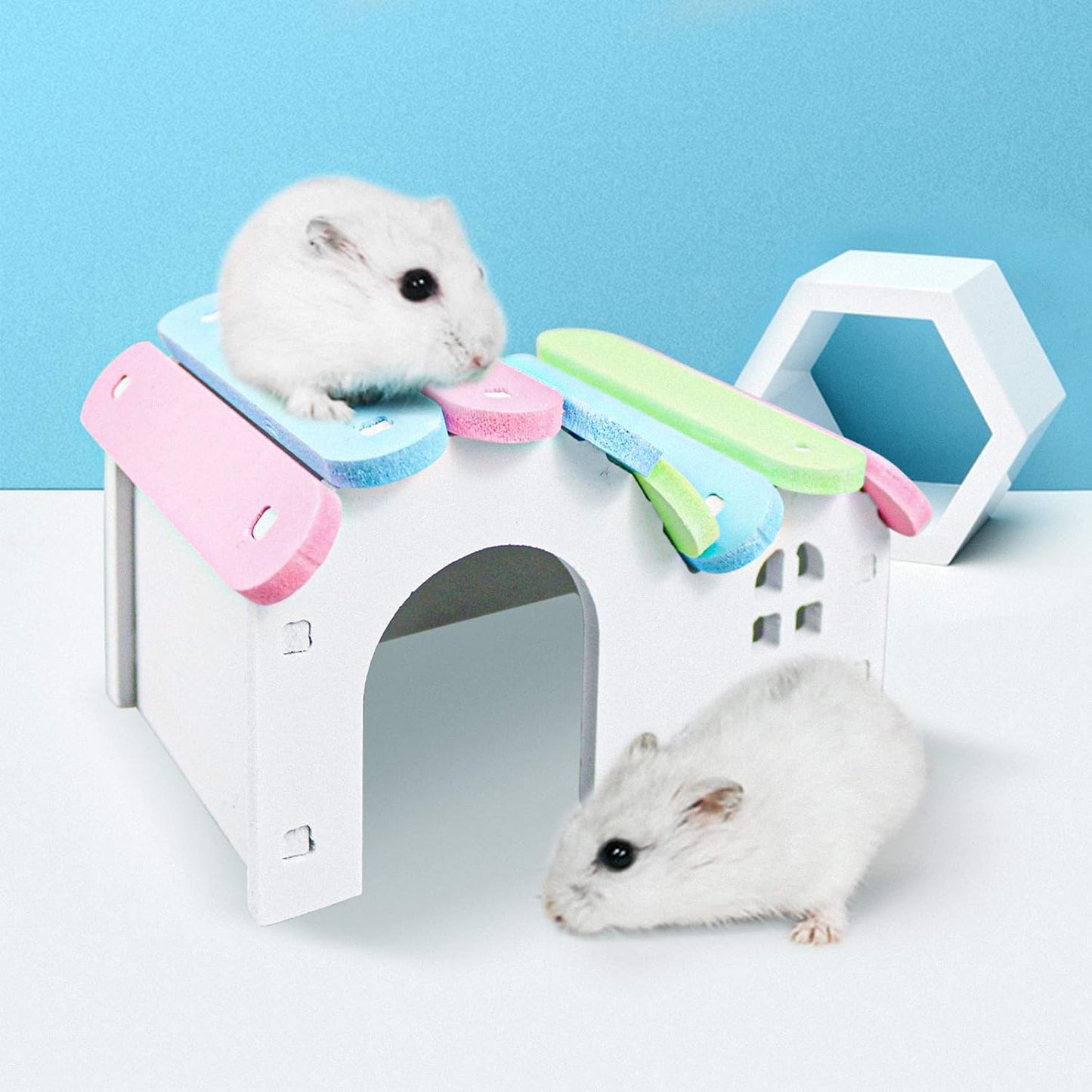Dwarf Hamsters House DIY Wooden Gerbil Hideout Rainbow Bridge Swing and PVC Seesaw, Pet Sport Exercise Toys Set, Sugar Glider Syrian Hamster Cage Accessories, Suitable for Small Animal Habitat