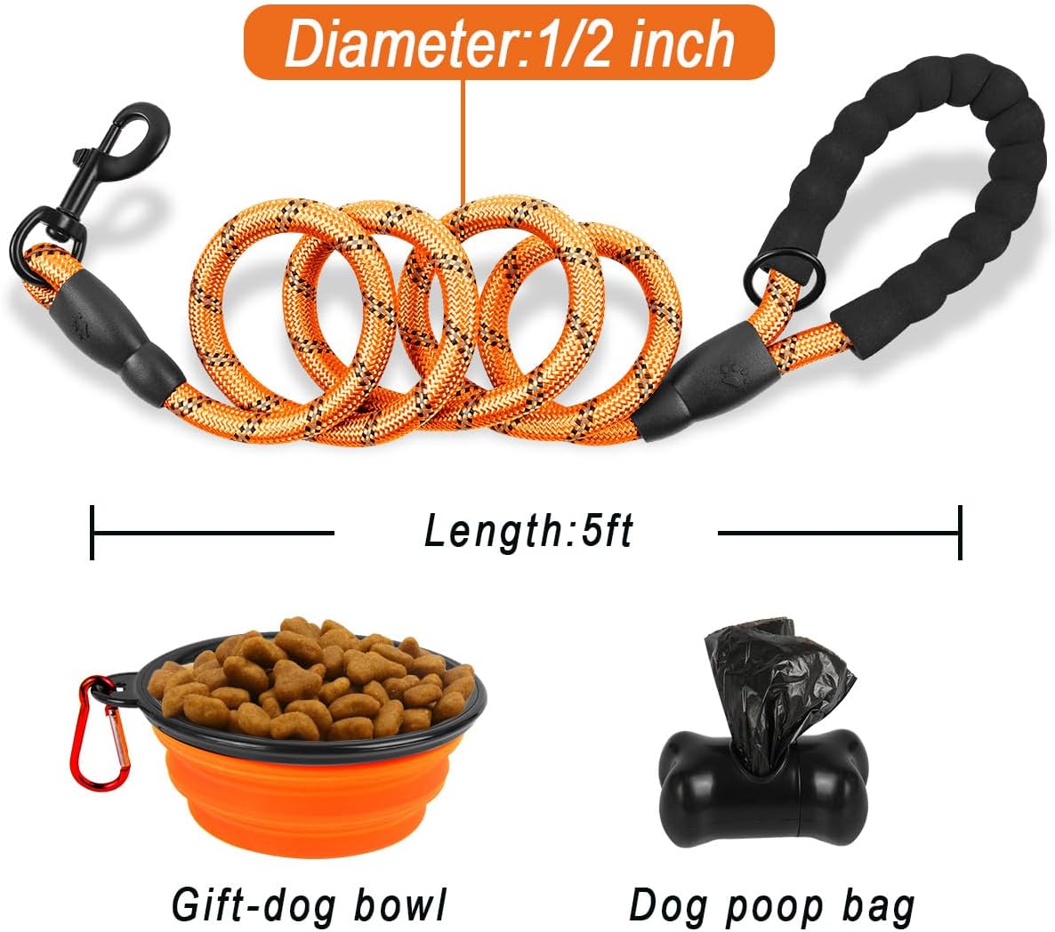 BARKBAY Dog Leashes for Large Dogs Heavy Duty Dog Leash 4/5/6 FT with Comfortable Padded Handle and Highly Reflective Threads for Medium Large Dogs Walking Training Running (5FT-1/2'',Orange)