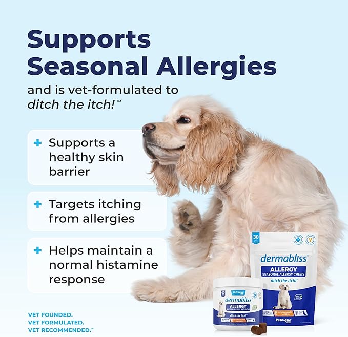 Vetnique Labs Dermabliss Dog Allergy Relief & Immune Support Supplement Allergy Chews for Dogs Itching and Licking with Omega 3 Fish Oil & Probiotics for Itch Relief - Vet Recommended (120 Ct Chews)